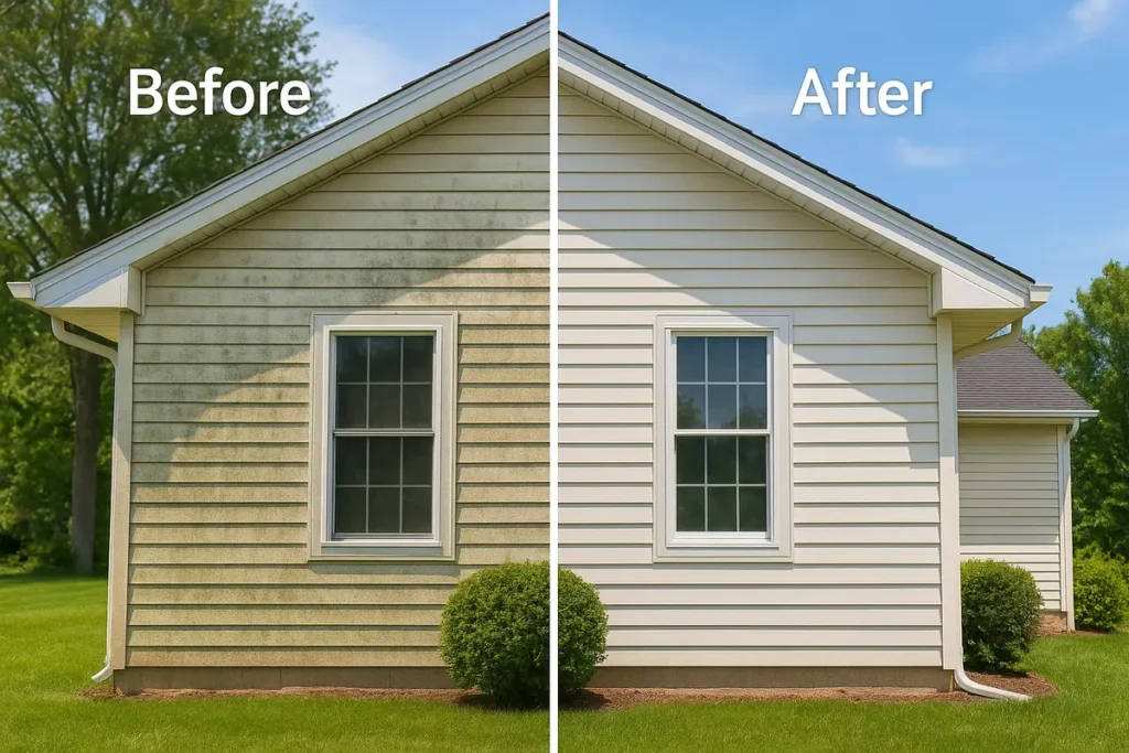 IMG_5709 Split-view of a house exterior showing a "Before" left side with greenish mold and grime on beige vinyl siding and a small bush, and an "After" right side with the same siding clean and bright after professional pressure/soft washing.